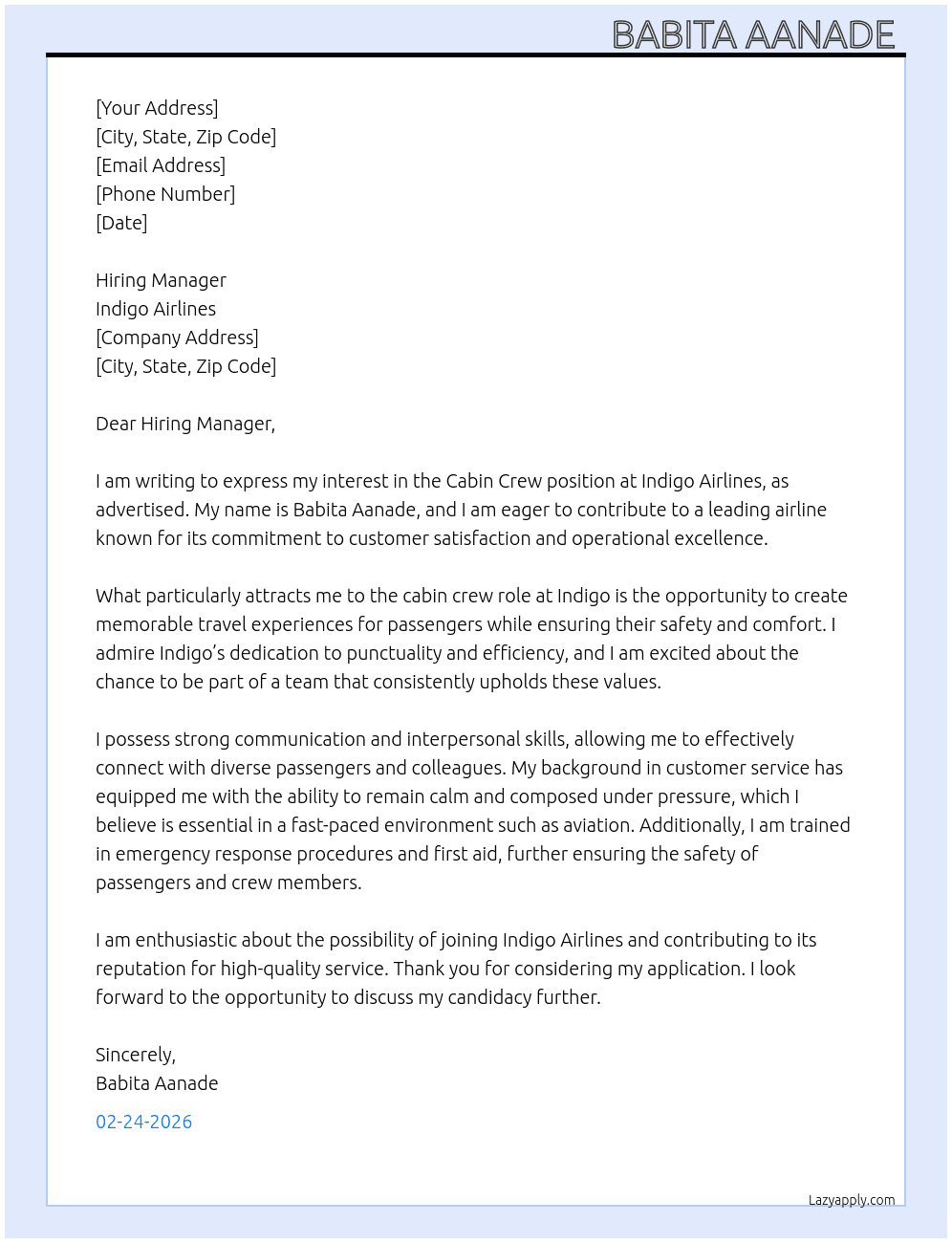 Cover letter for indigo cabin crew - LazyApply
