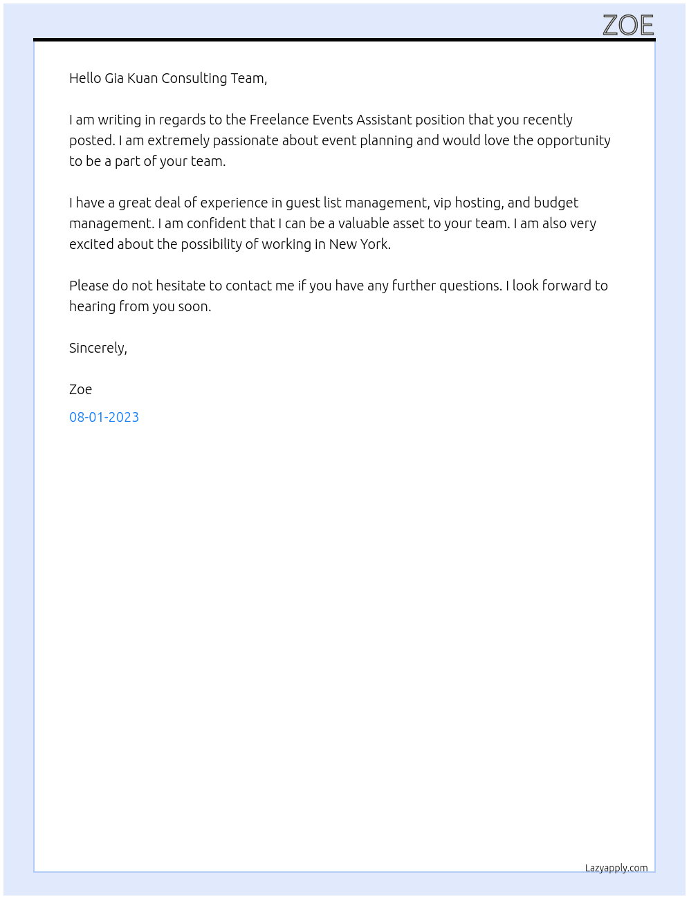 Freelance Events Assistant At Gia Kuan Consulting Cover Letter