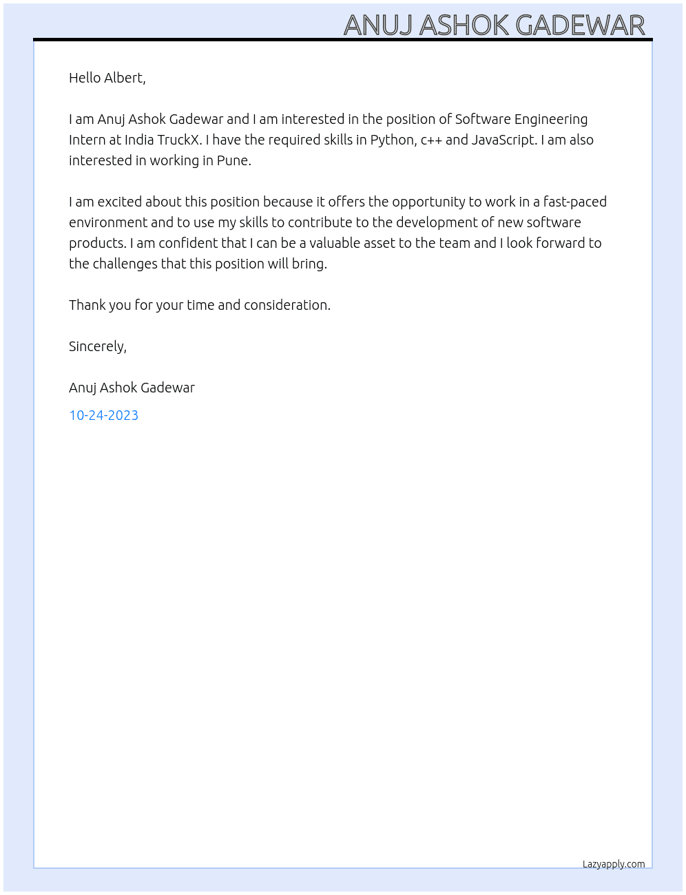 Software Engineering Intern At India TruckX Cover Letter
