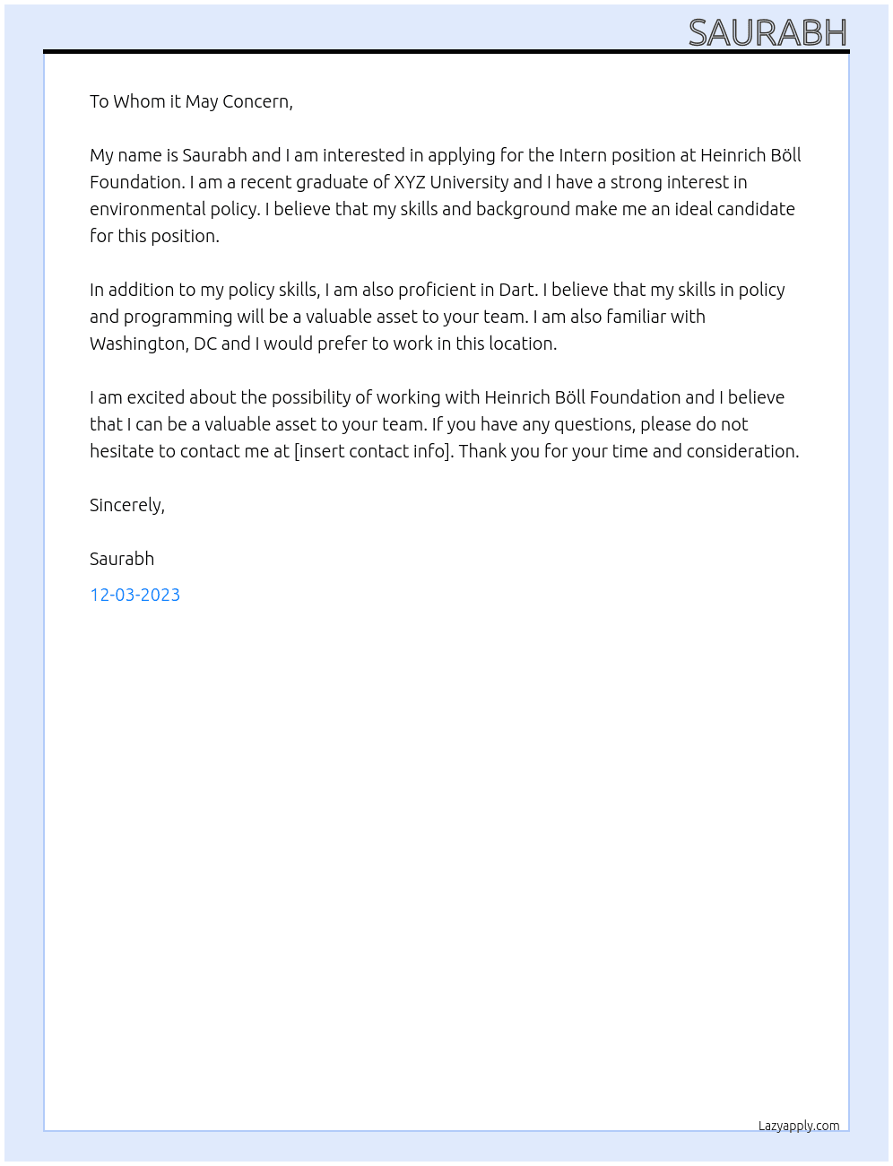 Intern At Heinrich Böll Foundation Cover Letter