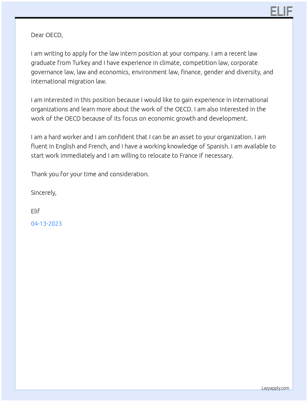 law intern At OECD Internship Cover Letter