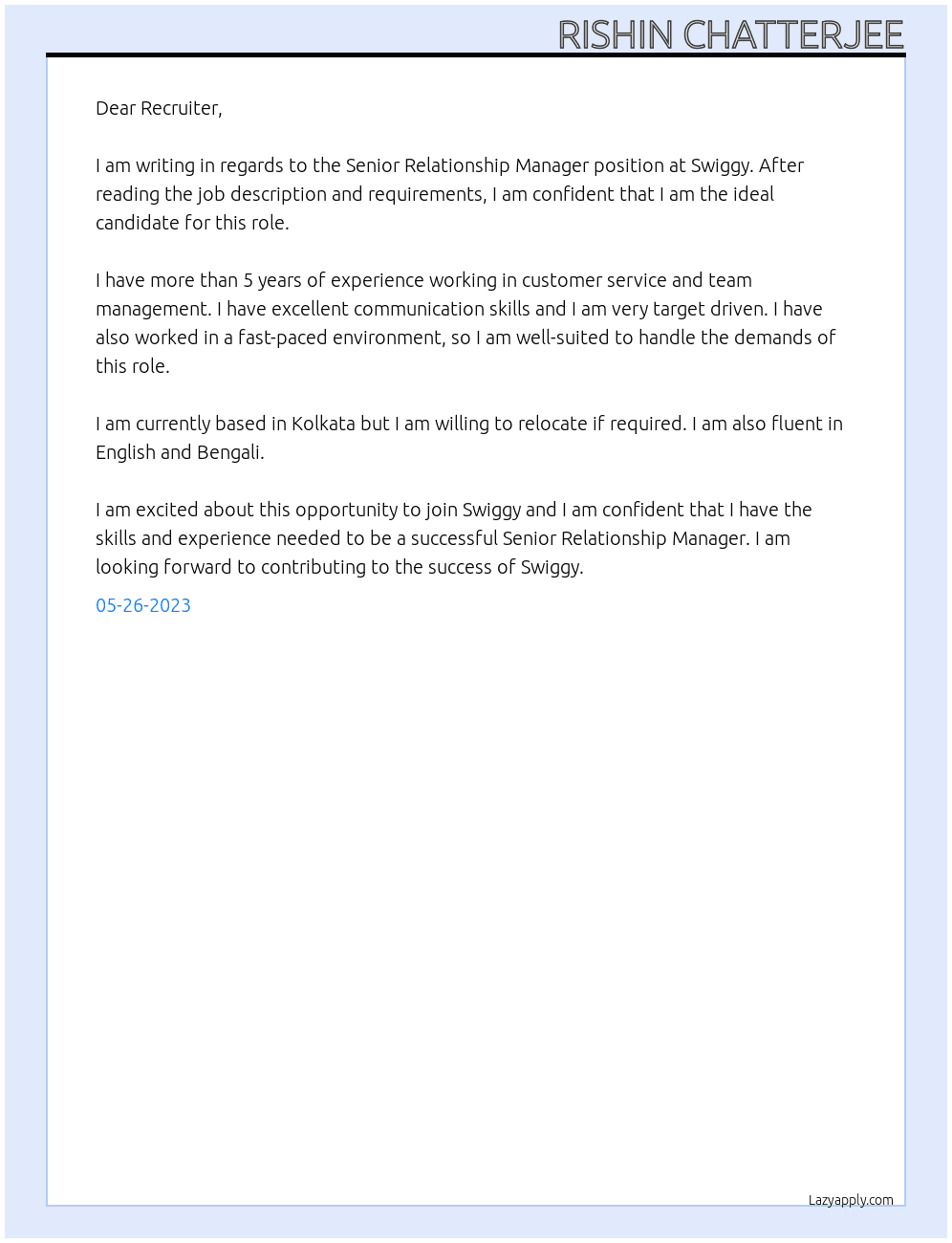 Senior Relationship Manager At Swiggy Cover Letter