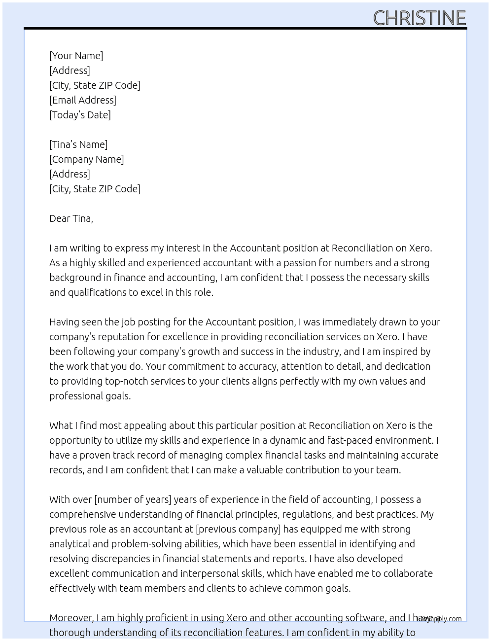 Accountant At Reconciliation on Xero Cover Letter