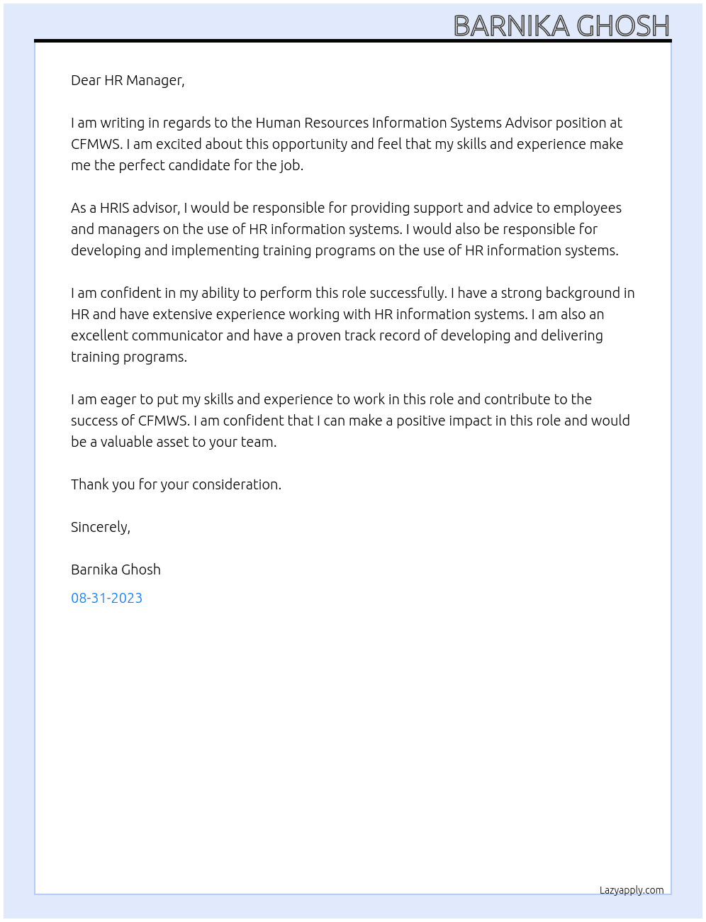 Human Resources Information Systems Advisor At CFMWS Cover Letter