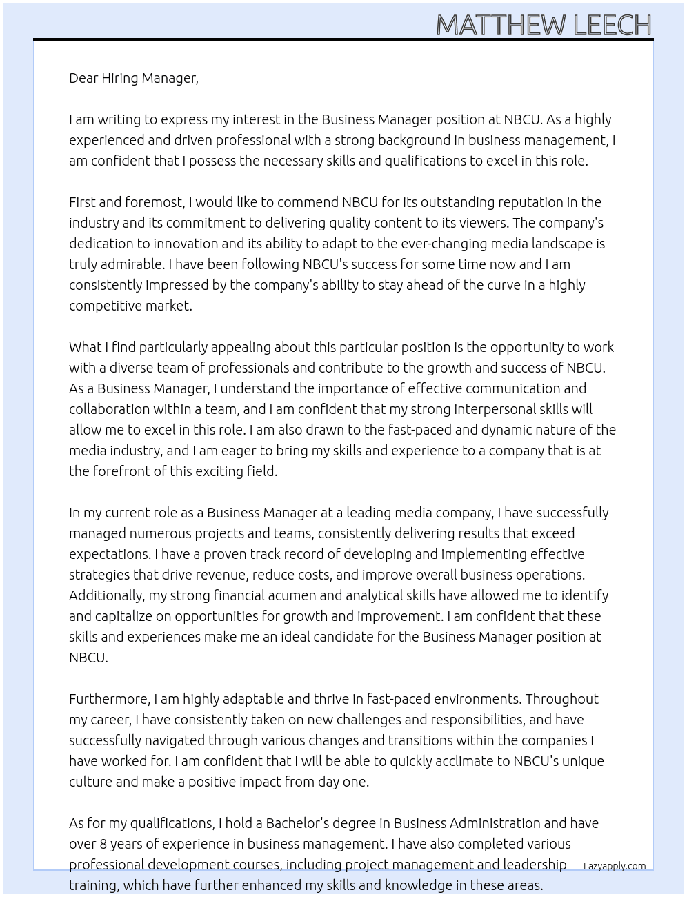 Business Manager At NBCU Cover Letter