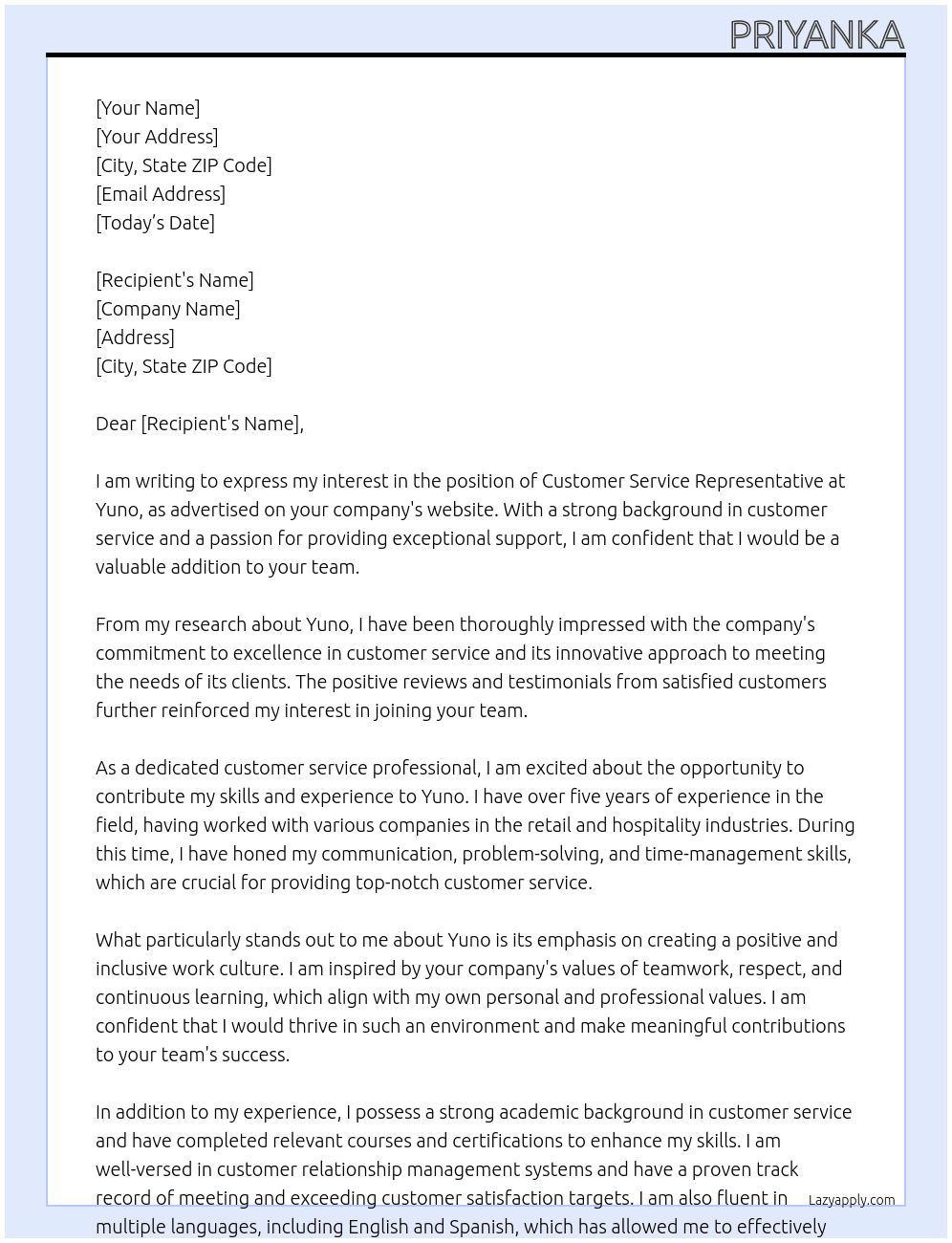 Customer service representative At Yuno Cover Letter
