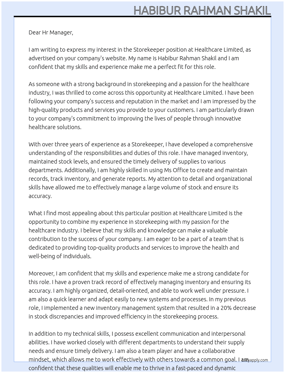 Storekeeper  At Healthcare limited  Cover Letter