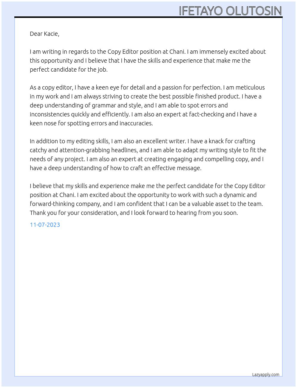 Copy Editor At Chani Cover Letter