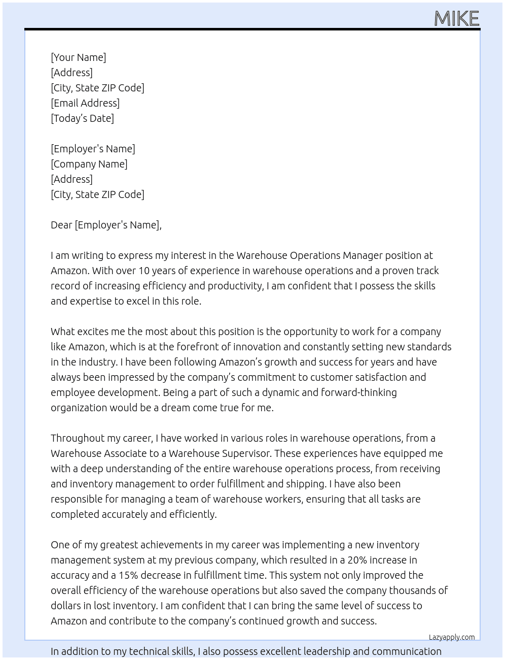 Warehouse Operations Manager At Amazon Cover Letter