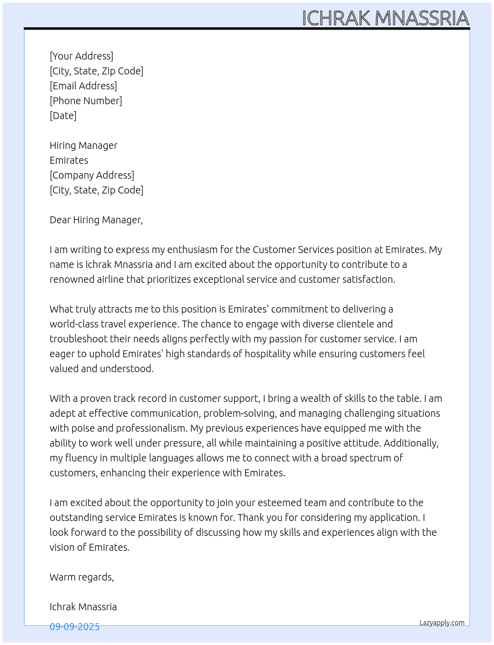 Cover letter for emirates costumer services - LazyApply