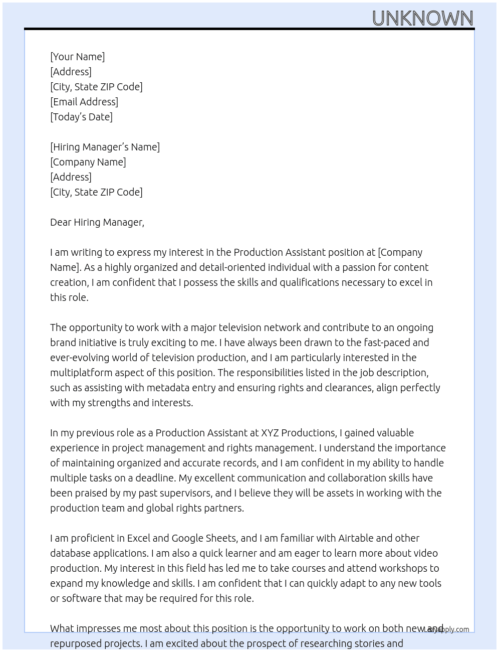 Production Assistant  At Unknown Cover Letter