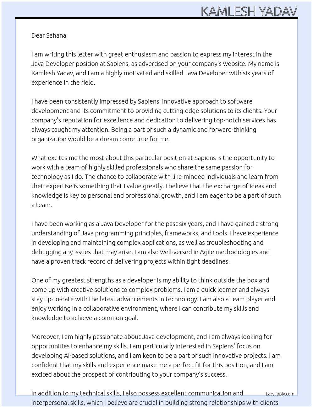 java developer At sapiens Cover Letter