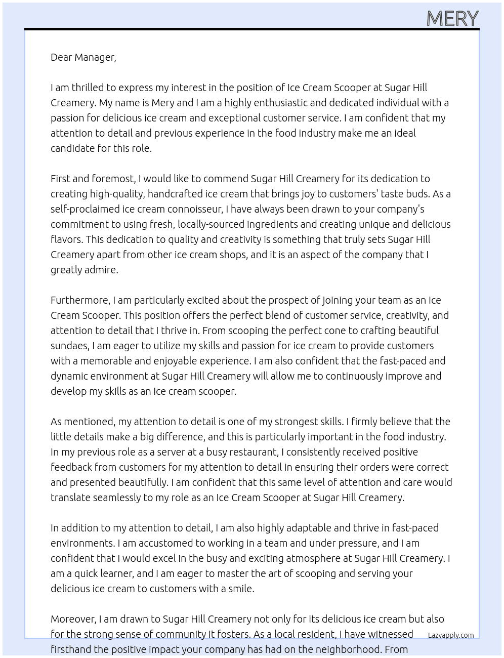 Ice cream scooper At Sugar hill creamy  Cover Letter