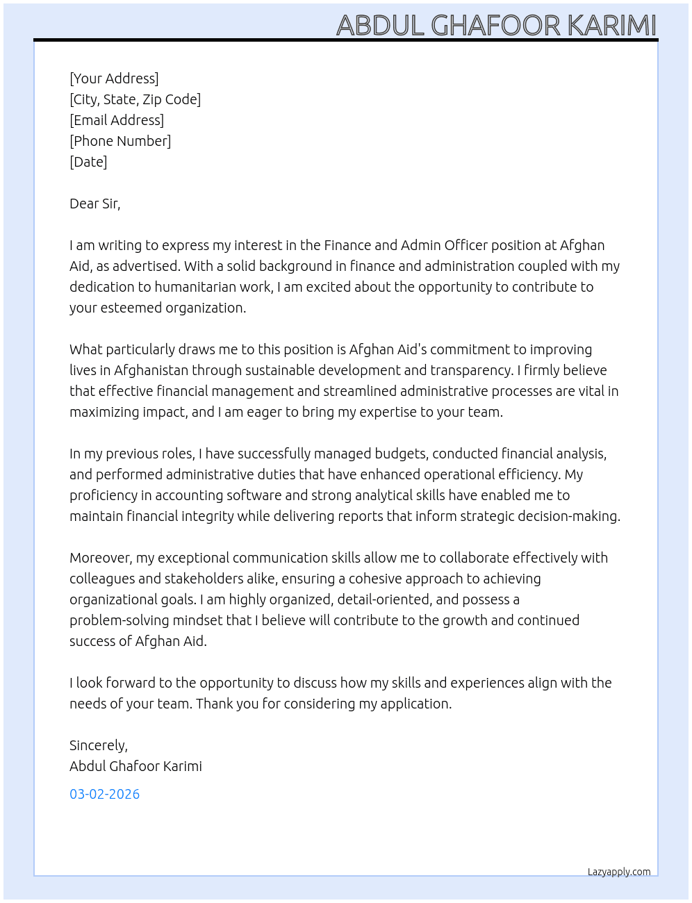 Cover letter for finance and admin officer - LazyApply