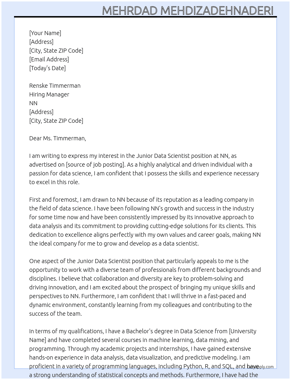 Junior Data Scientist At National-Netherlands (NN) Cover Letter