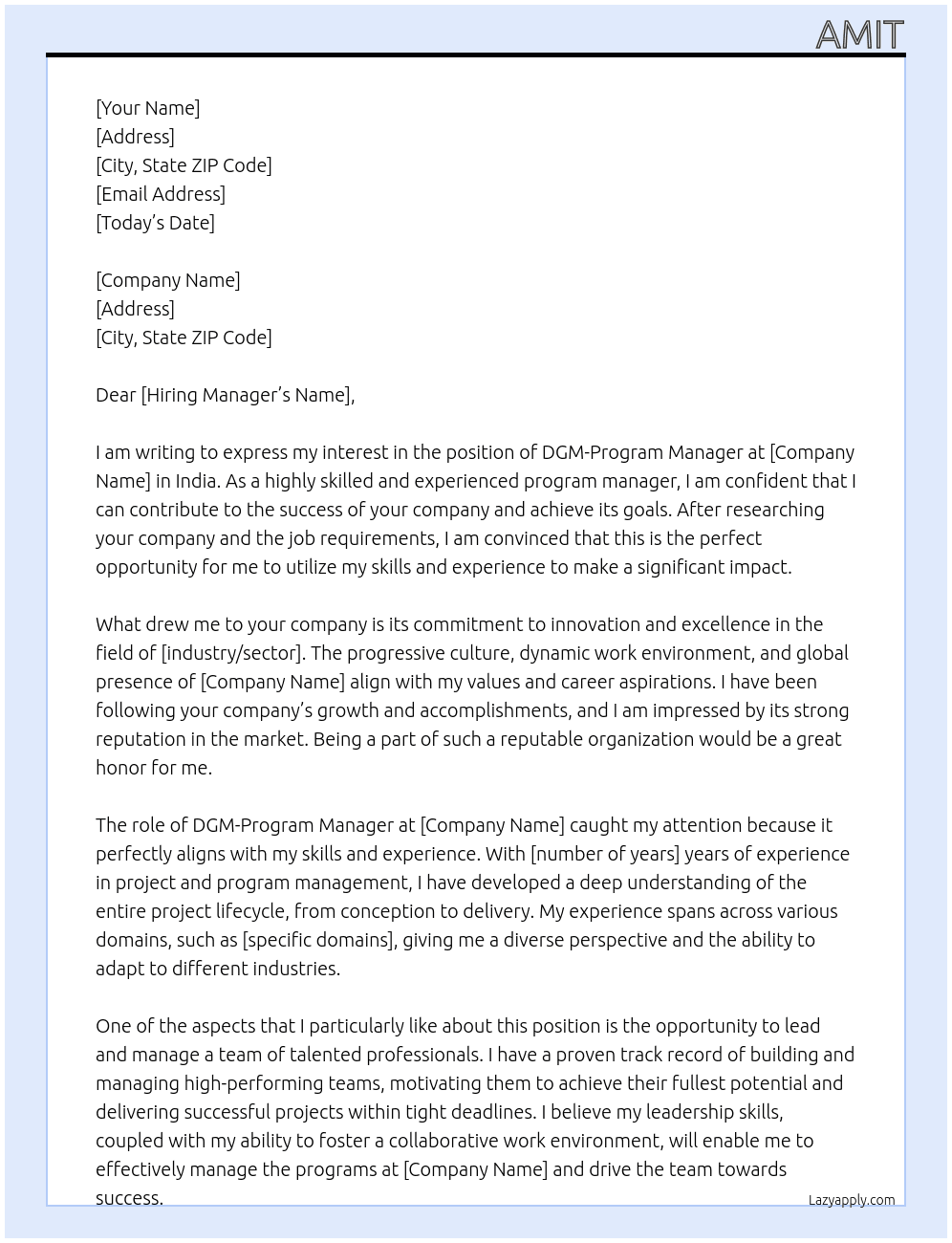 DGM-Program Manager At India Cover Letter