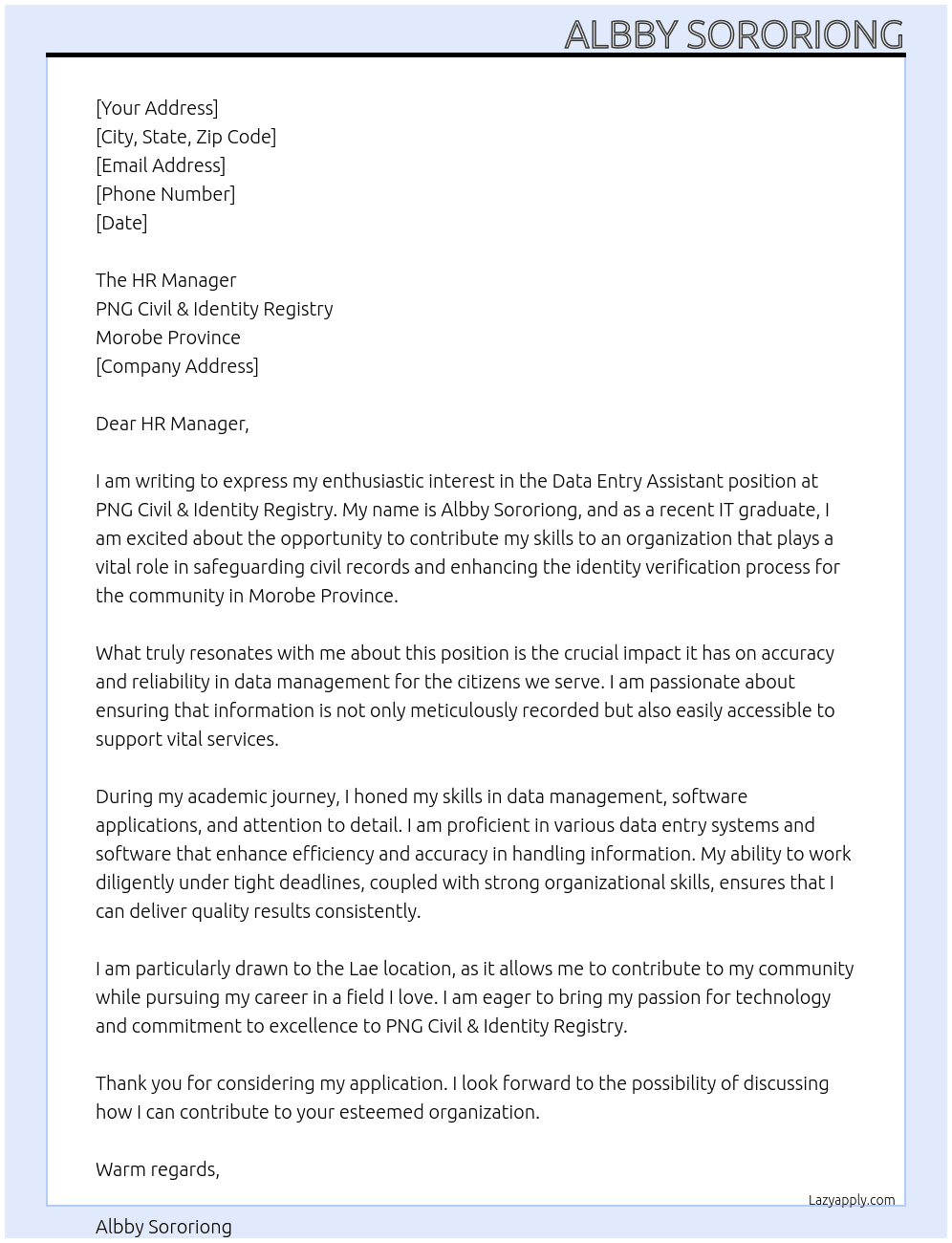 Data Entry At PNG CIVIL & INDENTITY REGISTRY- MOROBE PROVINCE Cover Letter