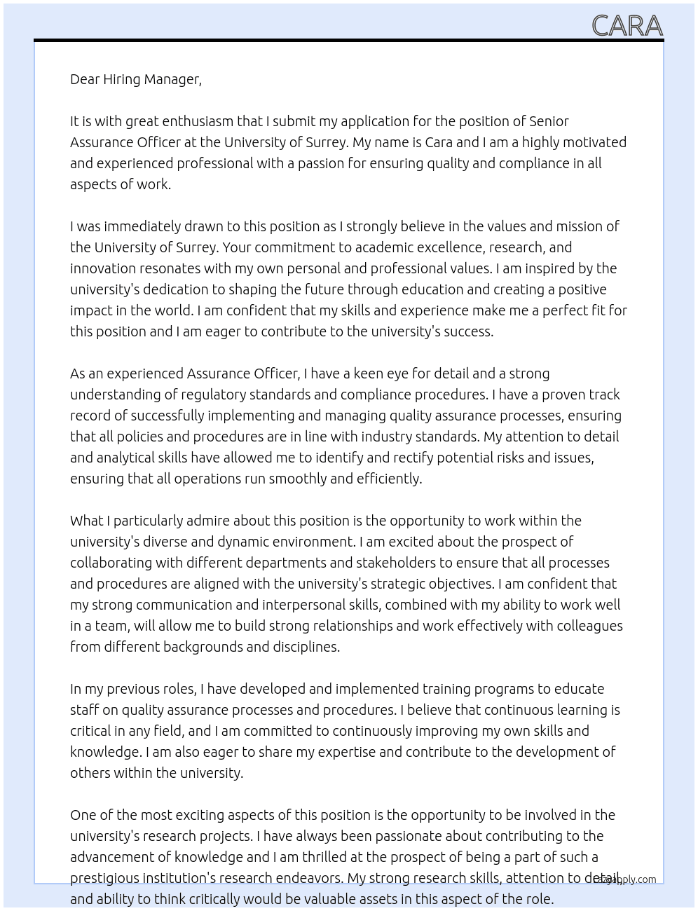 Senior Assurance Officer At University of Surrey Cover Letter