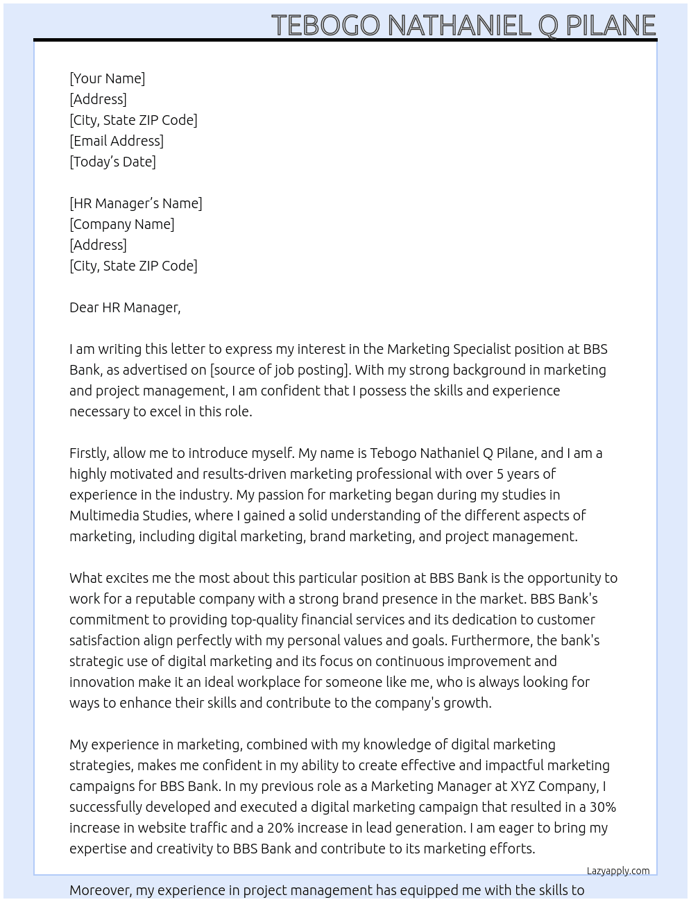 Marketing Specialist At BBS BANK Cover Letter