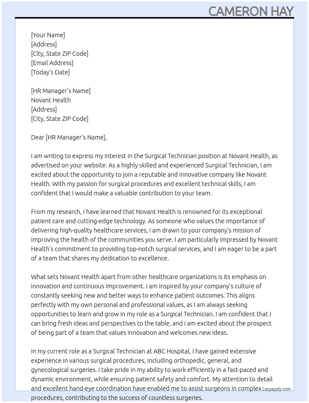 Surgical Technician At Novant Health Cover Letter