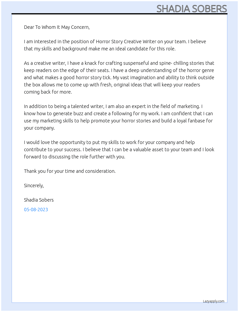 Horror Story Creative Writer At your team Cover Letter