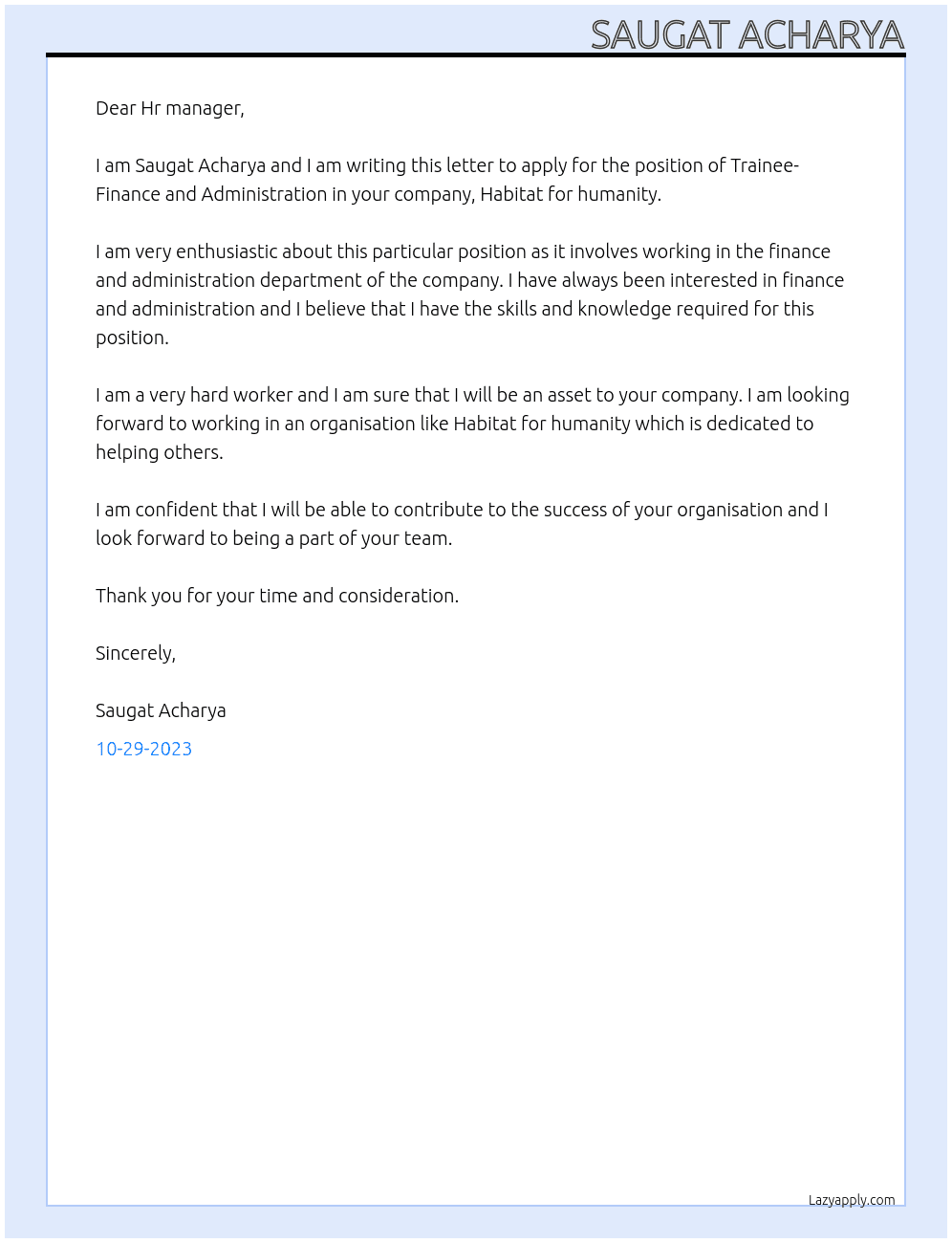 Trainee- Finance and Administration At Habitat for humanity Cover Letter