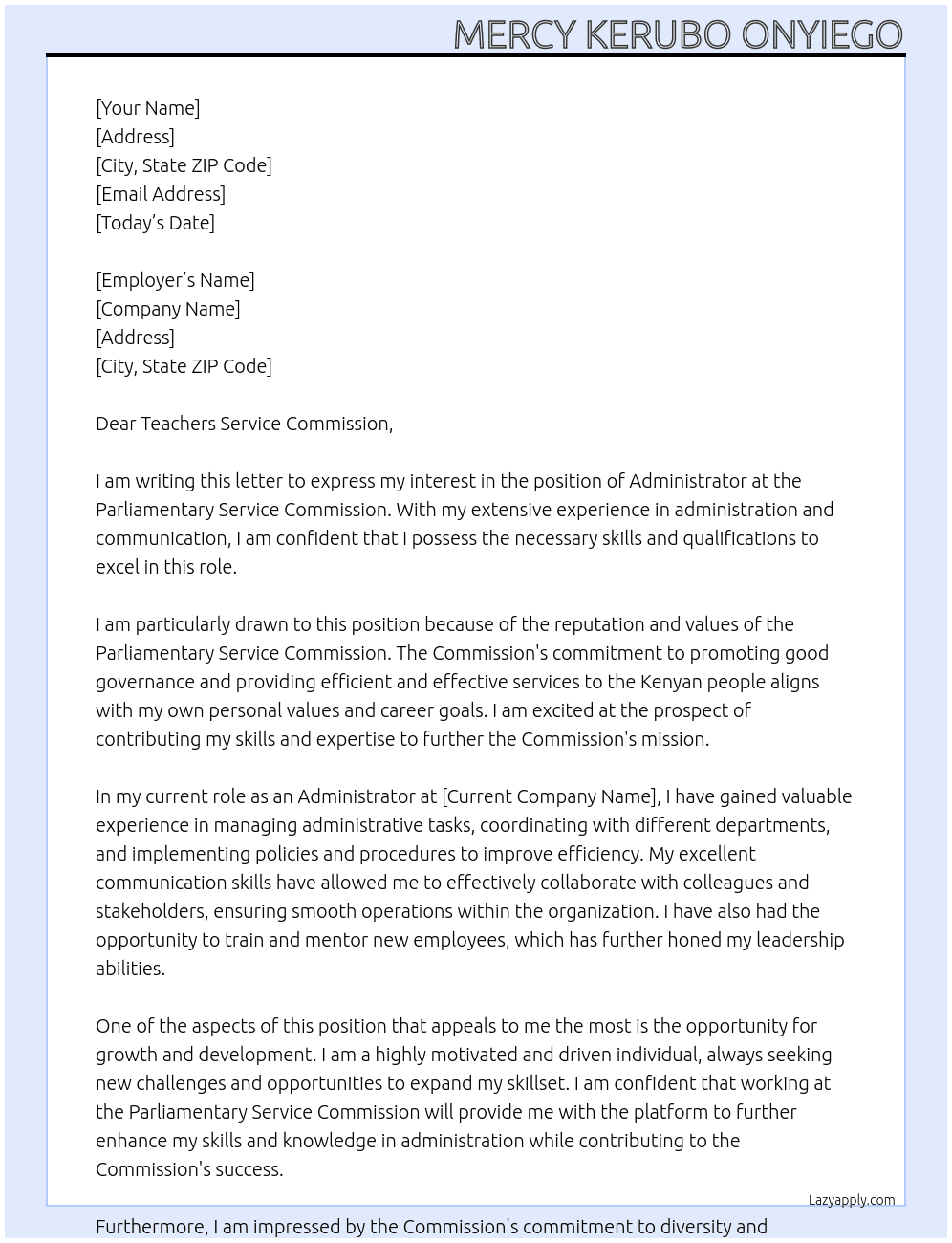 administrator At Parliamentary Service Commission Cover Letter