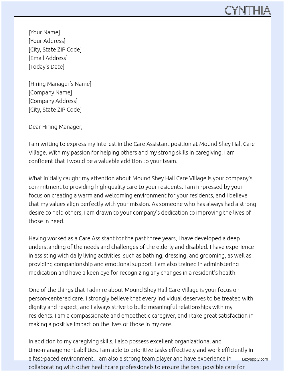 Care Assistant  At Mound shey hall care village Cover Letter