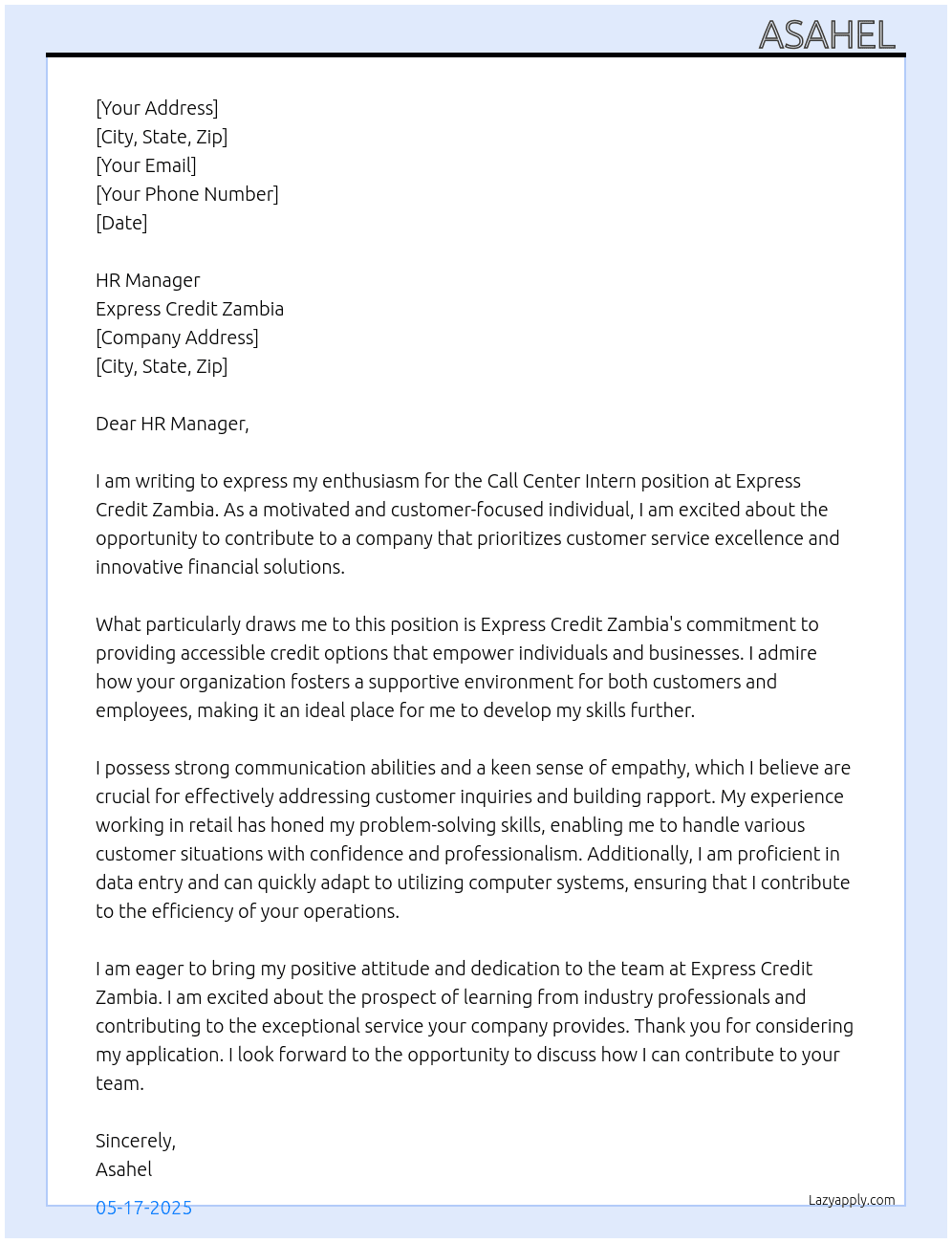 Cover letter for call center intern - LazyApply