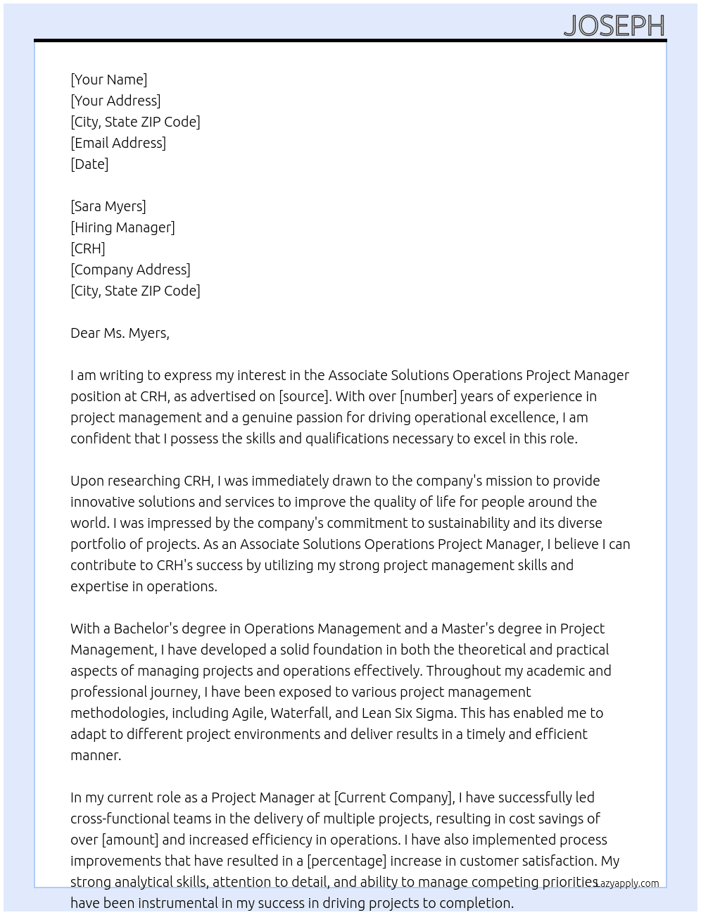  Associate Solutions Operations Project Manager At CRH Cover Letter