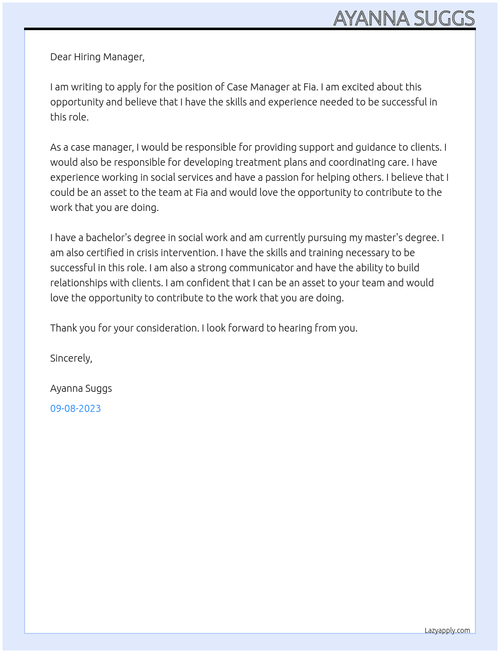 Case manager  At Fia Cover Letter