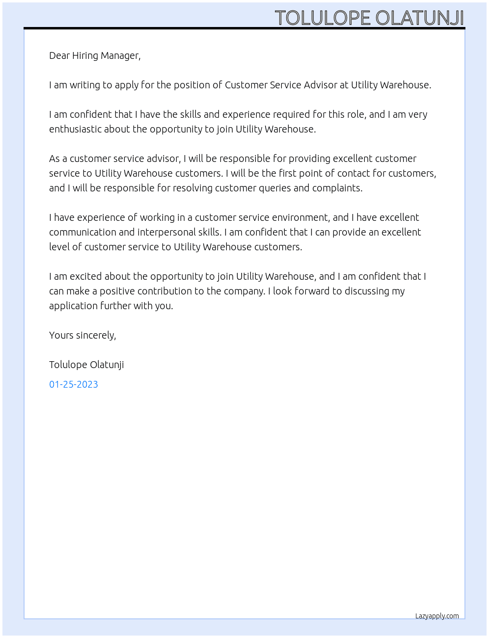 Customer service advisor At Utility Warehouse Cover Letter