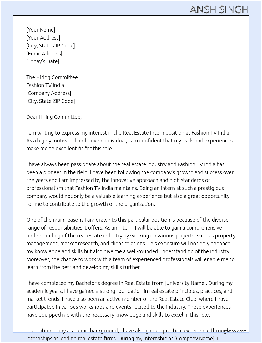 Real Estate Intern At Fashion TV India Cover Letter