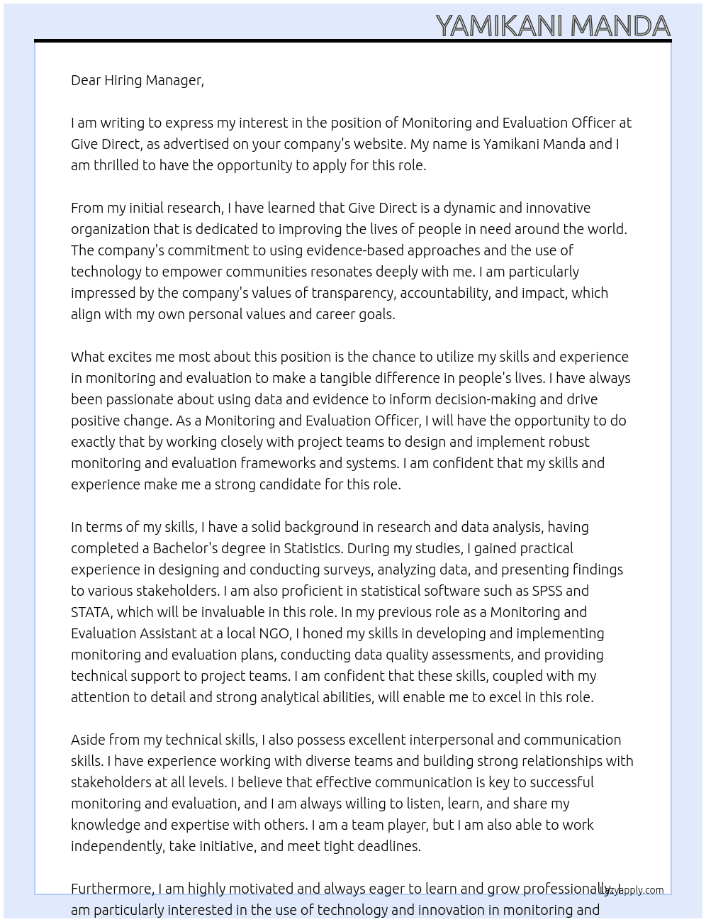 Monitoring and evaluation officer  At Give direct Cover Letter