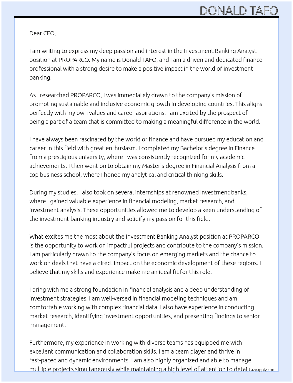 Investment Banking Analyst At PROPARCO Cover Letter