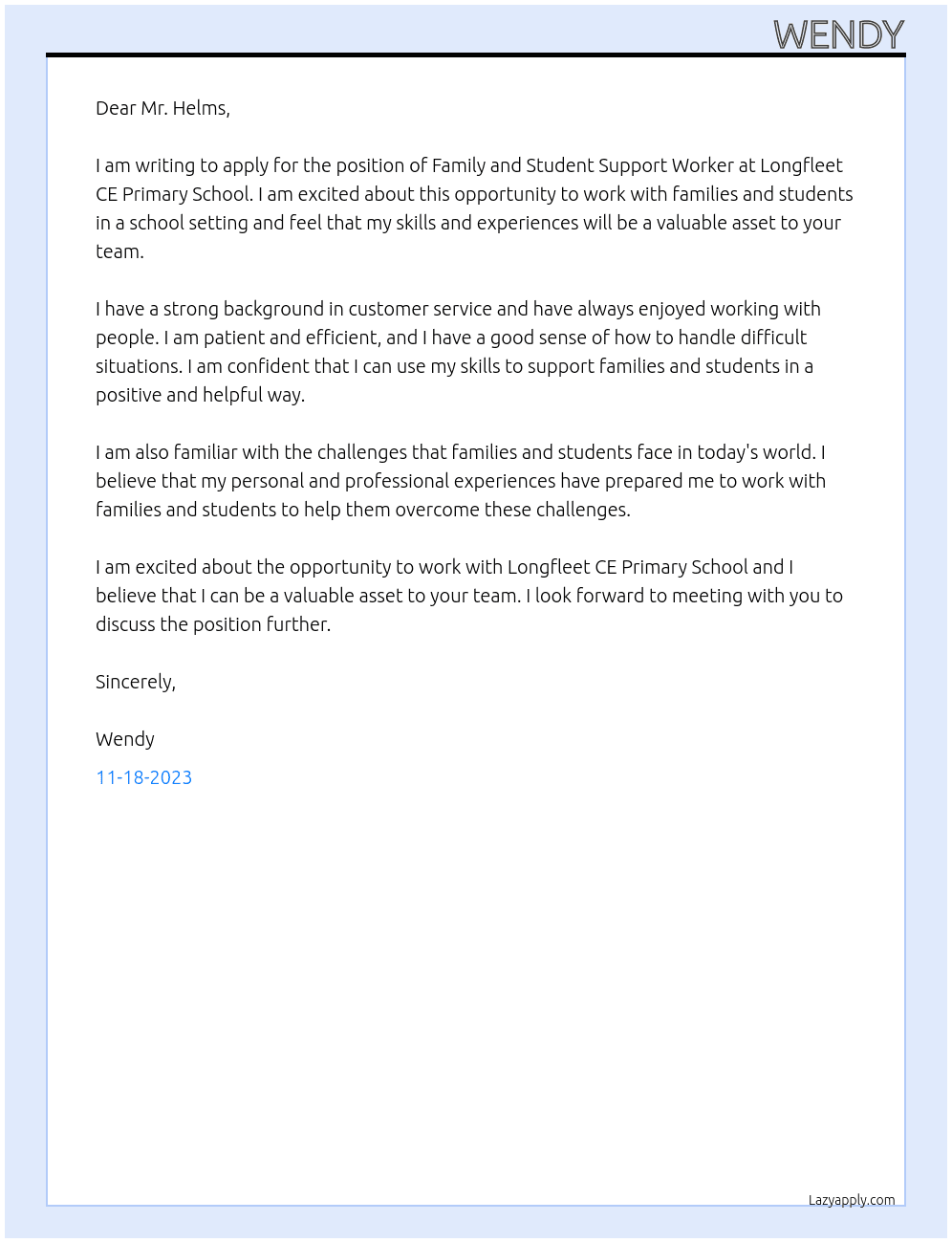 Family and Student Support Worker At Longfleet CE Primary School Cover Letter