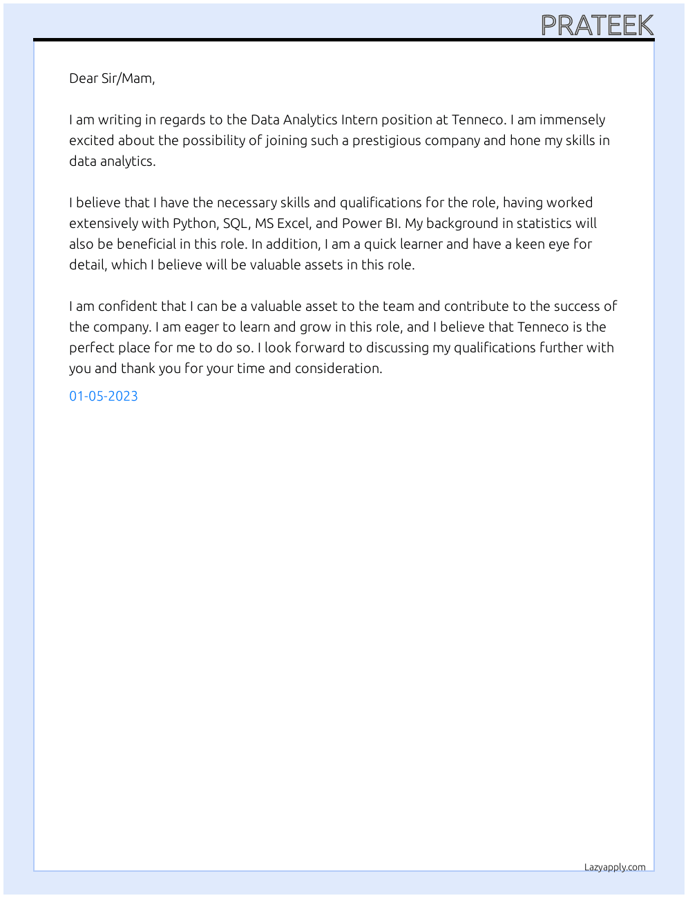 Data Analytics Intern At Tenneco Cover Letter