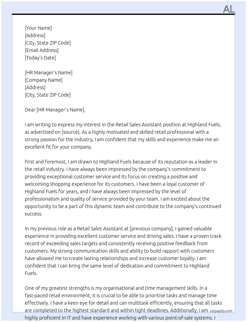 Retail Sales Assistant  At Highland Fuels Cover Letter