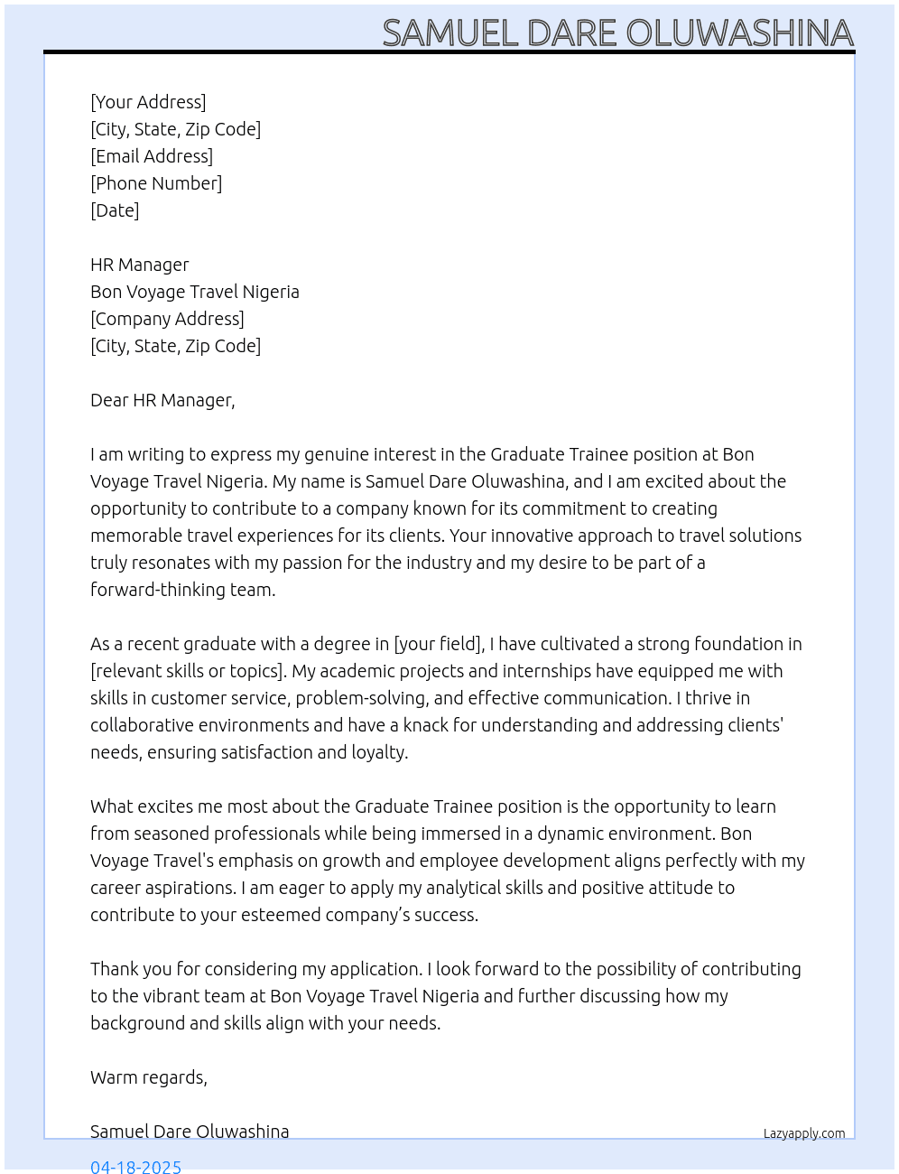 Graduate Trainees At Bon Voyage Travel Nigeria Cover Letter