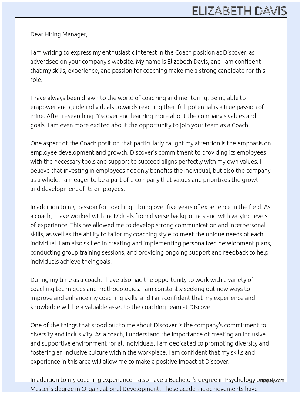 Coach At Discover Cover Letter