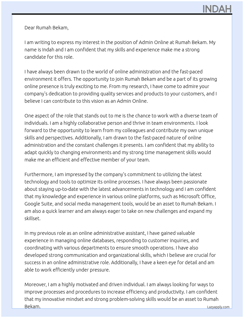 admin online At rumah bekam Cover Letter