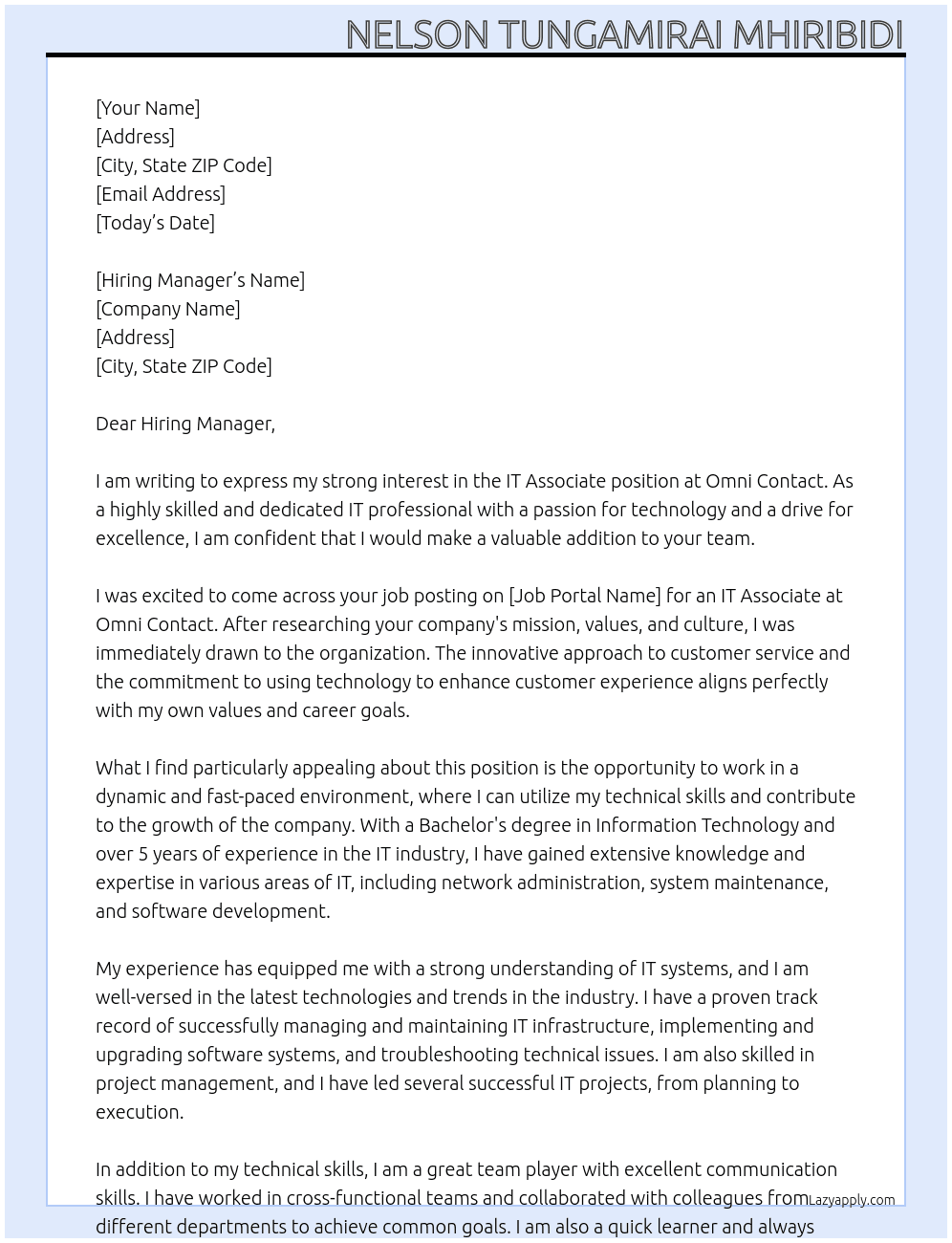 IT Associate At Omni Contact Cover Letter