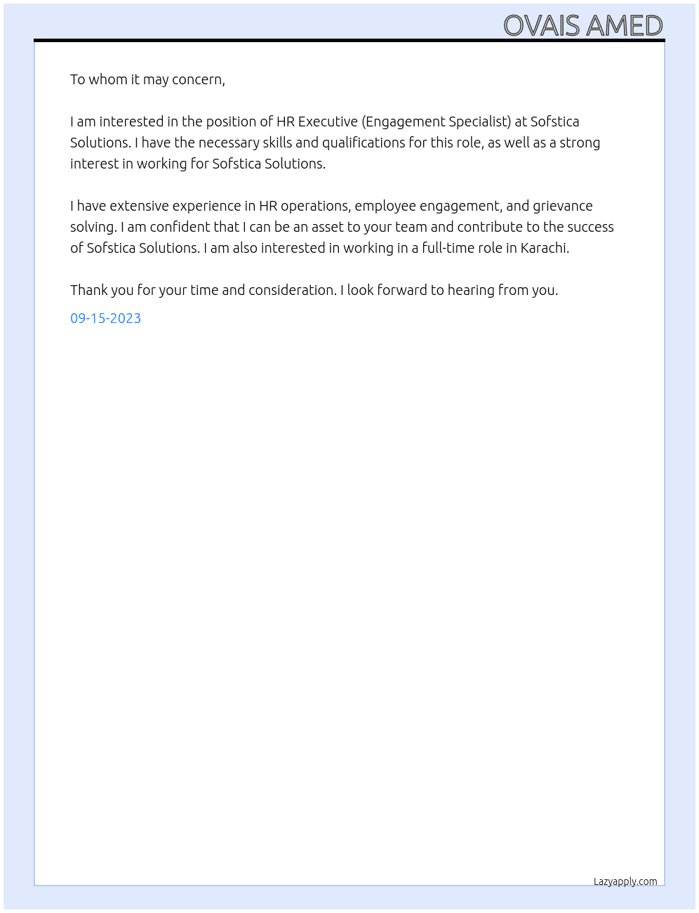 HR Executive(Engagement Specialist) At Sofstica Solutions Cover Letter