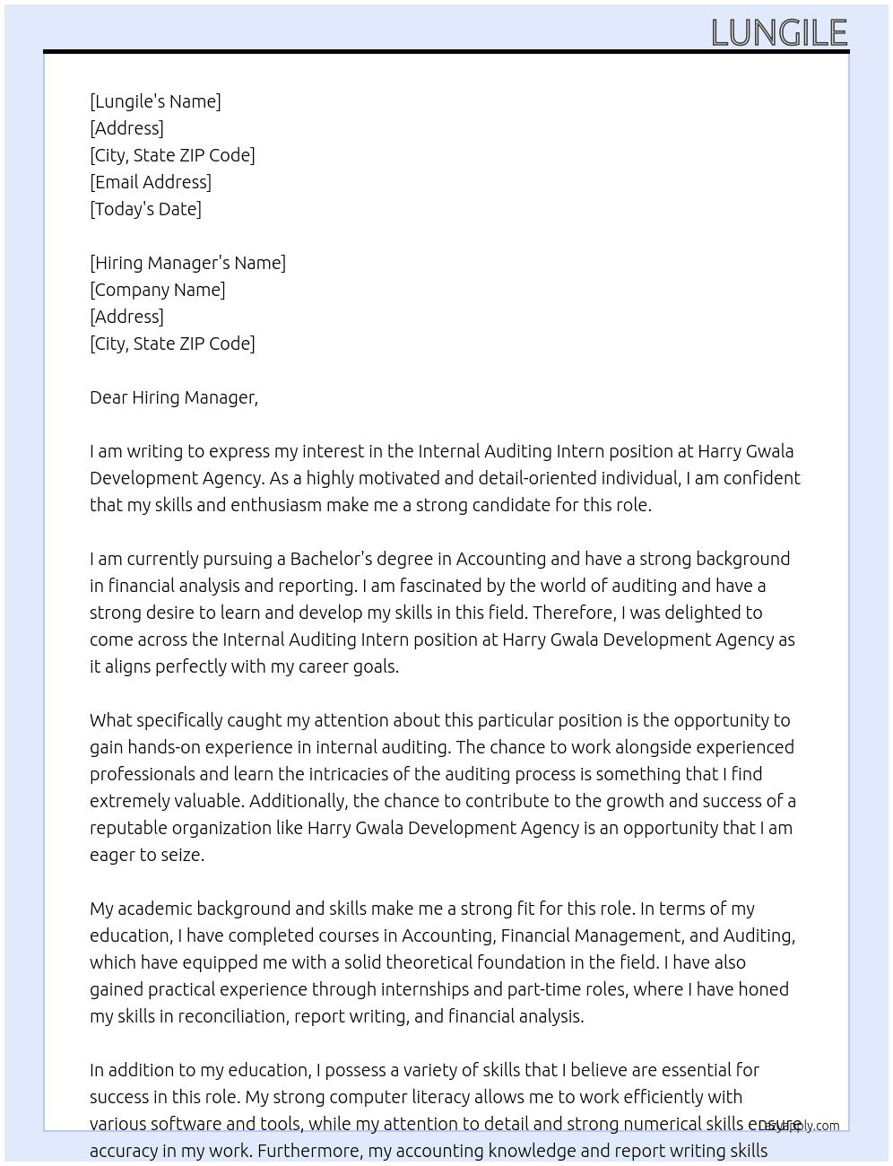 Internal auditing intern  At Harry Gwala Development Agency  Cover Letter