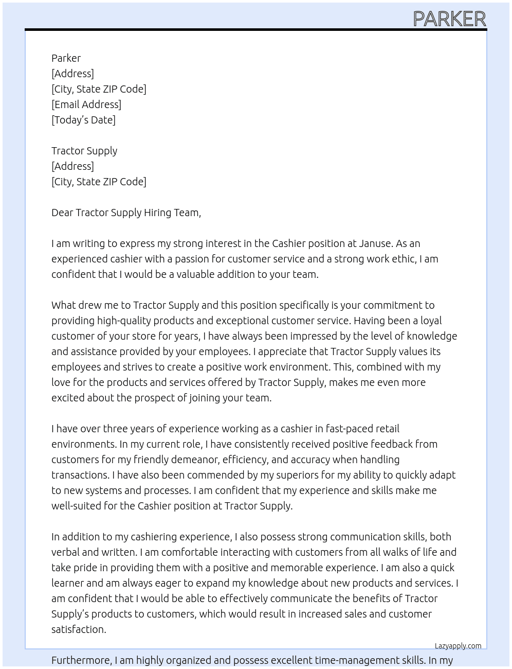 Cashier At Januse Cover Letter