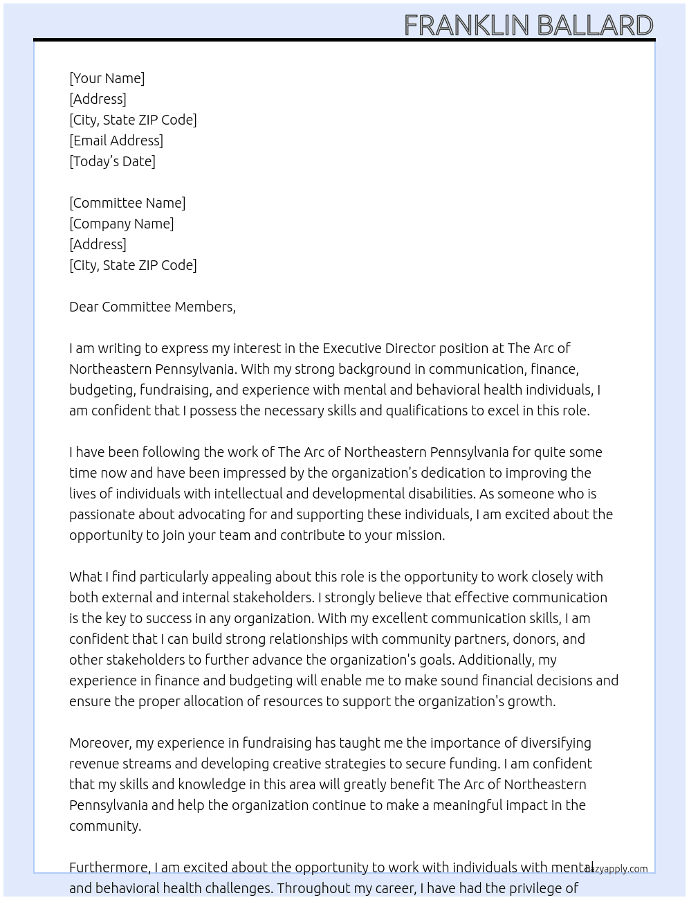 Exectutive Director At The Arc of Northeastern Pennsylvania Cover Letter