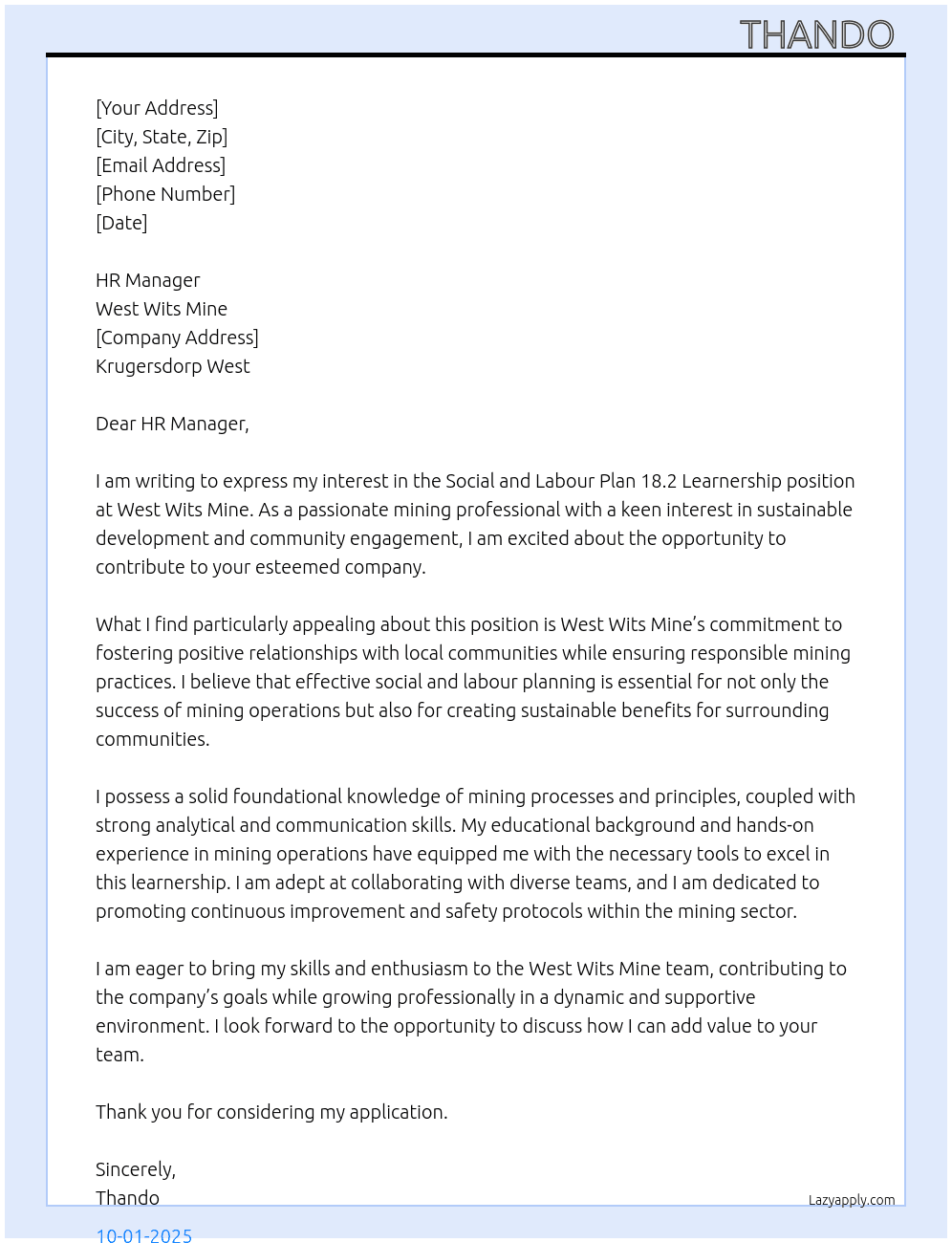Social and labour plan 18.2 learnership At West wits mine Cover Letter