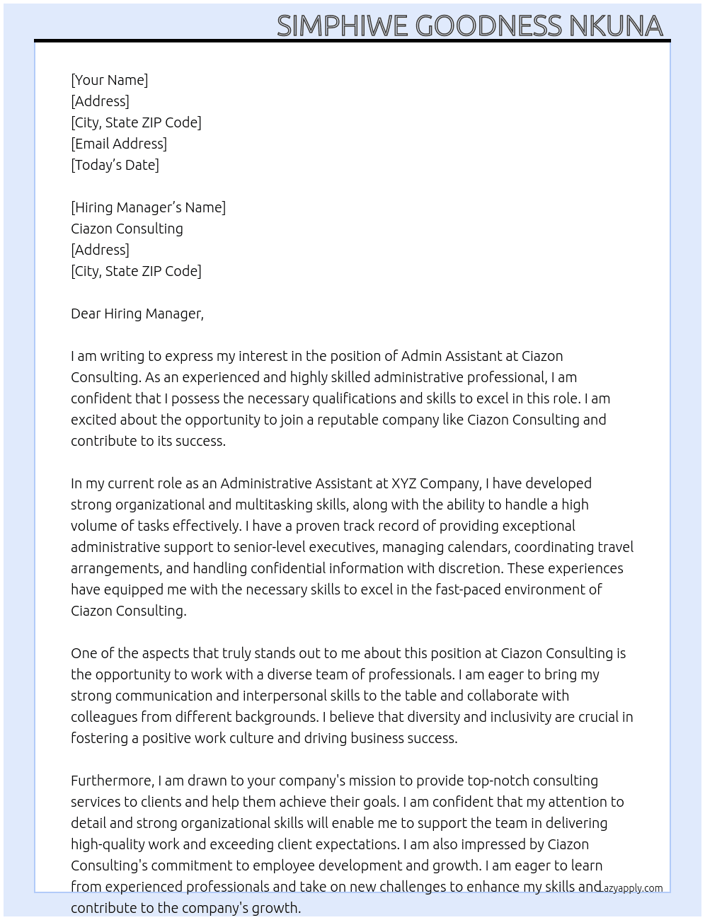 Admin Assistant  At Ciazon Consulting  Cover Letter