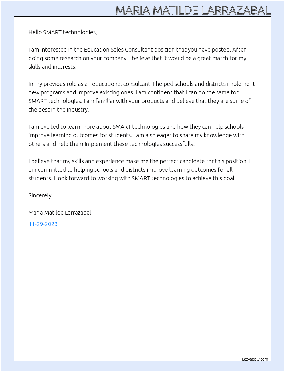 Education Sales Consultant At SMART technologies Cover Letter