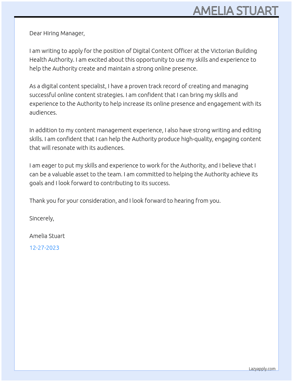 Digital Content Officer At Victorian Building Health Authority Cover Letter